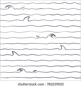 vector illustration made by hand, swimmer in the sea and shark fin