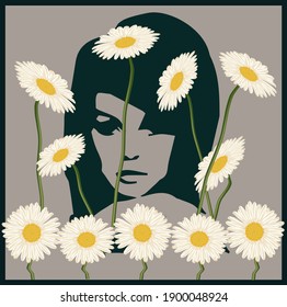 Vector illustration is made in cold colors. The picture shows the woman's face in the background and white daisies in the foreground.