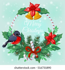 Vector illustration made in a flat style. Christmas wreath of mistletoe and pine with bullfinches. Christmas symbol. New Year decoration