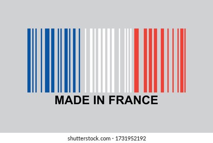 Vector illustration of made in France barcode concept. Bar code in France flag colors. France's economy icon.