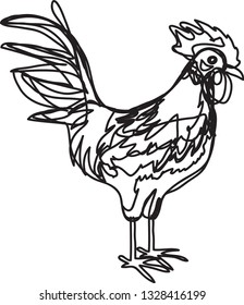 Vector illustration made of lines and outlines of standing chicken or hen isolated on white background