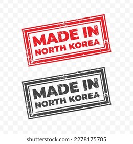 Vector illustration of Made In North Korea. Red grunge stamp on transparent background(PNG).