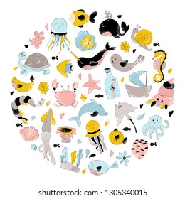 vector illustration made roud shape, sea animal, underwater world and wildlife, ocean concept, cute characters, nursery poster or cover