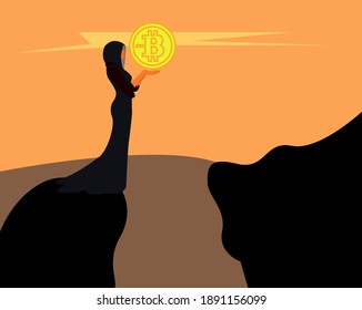 Vector Illustration is made in the style of Flat and is called - bitcoin is in the hands of a mysterious woman who holds a coin over an abyss, and on the opposite side there is a high mountain, which 