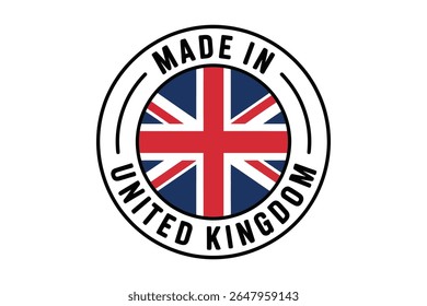 Vector illustration of a "Made in United Kingdom" label with the Union Jack flag in a circular design.