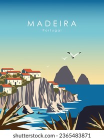 Ilustración vectorial. Madeira, Portugal. Diseño para afiches, banner, postales, publicidad.