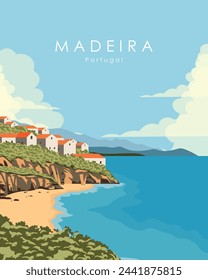 Vector illustration. Madeira, Spain. Travel poster, banner, postcard, cover. Tourism, travel.