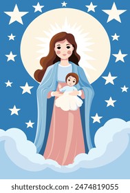 Vector Illustration Madonna and Child, Virgin Mary with little Jesus, Our Mary holds a baby Jesus