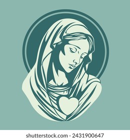 Vector illustration of Madonna Our Lady Virgin Mary Mother of Jesus, Holy Mary, turquoise  background, printable, suitable for logo, sign, tattoo, laser cutting, sticker and other print on demand