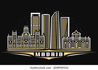 Vector illustration of Madrid, black horizontal poster with linear design illuminated madrid city scape, european urban line art concept with decorative lettering for word madrid on dark background.