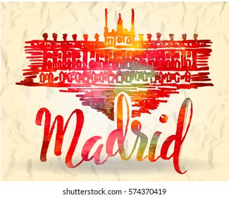 Vector illustration, Madrid label with hand drawn Royal Palace of Madrid, lettering Madrid with watercolor fill