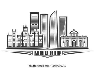 Vector illustration of Madrid, monochrome horizontal poster with linear design famous madrid city scape, urban line art concept with unique decorative letters for black word madrid on white background
