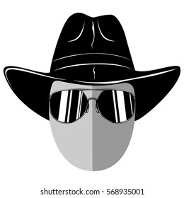 Vector illustration mafiosi or cowboy in hat with sunglasses. 