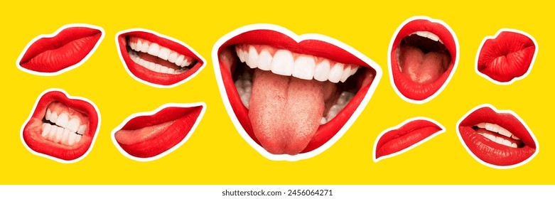 Vector illustration. Magazine style collage with female lips on bright yellow background. Smiling, mouth screaming, scratching, different emotions. Modern design, creative artwork, emotions concept.