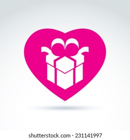 Vector illustration of a magenta gift box sign placed in a heart symbol. Vector holiday present icon given with love. svg