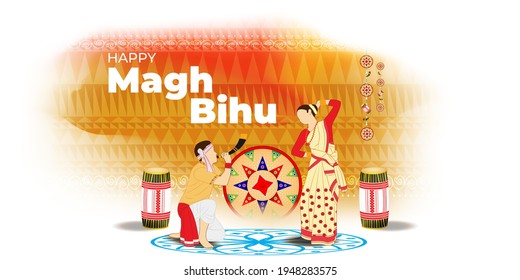 Ilustración vectorial de Magh Bihu (texto en hindi) significa Año Nuevo asamés, festival tradicional indio, festival de cosecha de Assam.