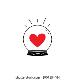 Vector illustration of magic ball or fortune teller with red  heart inside. Outline black and white style.