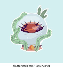 Vektorgrafik eines Zauberkuchens von Vorhersagen. Fortune Teller Kugel Aufkleber mit Auge und Platz für Halloween, Logo, Icon, Banner, Poster.