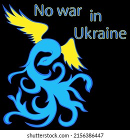 Vector illustration of a magic bird Phoenix with a call to end the war in Ukraine in the blue and yellow colors of the national flag
