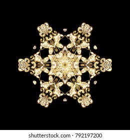 Vector illustration. Magic black and yellow holiday abstract background with star and falling snowflakes. Christmas black and yellows.