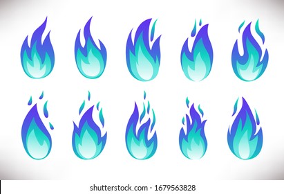 Vector illustration.Set of magic  blue fire flame icons isolated on a white background. Energy concept. Perfect for web site page, mobile app, game design ,badge, poster,print, flyer, ad.Flat Style.