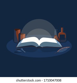 Vektorillustration Illustration eines Zauberbuchs. Der Tisch des Alchimisten.