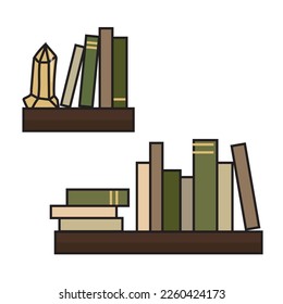 Ilustración vectorial de un libro mágico en una estantería con cristales.