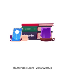 Vector illustration of magic books, tarot cards and an extinguished candle. Magic items for divination and witchcraft. Occultism and esotericism. Flat cartoon style on an isolated background.