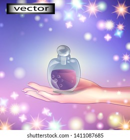 vector illustration of magic bottle on hand shows magic potion
