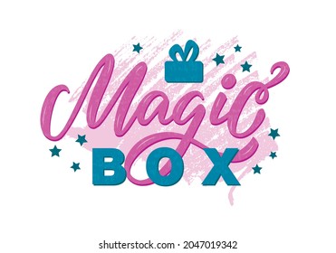 Vector illustration of magic box lettering for banner, advertisement, catalog, leaflet, poster, signage, product design. Handwritten text on pink pastel background with texture
