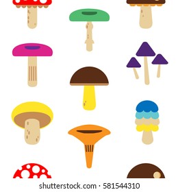 Vector Illustration, Magic and Bright Mushrooms Seamless Pattern