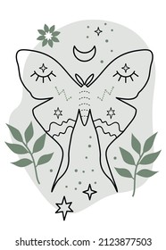 Vector illustration magic with butterfly, moon, stars and leaves.  Mystical template for cards, banners, flyers, posters, stickers. Line art style