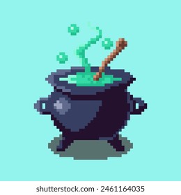 Vector Illustration of magic cauldron halloween with Pixel Art Design, perfect for game assets themed designs