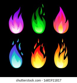 Vektorillustration-Illustration.Set von magischen, bunten Feuer-Symbolen einzeln auf schwarzem Hintergrund. Energiekonzept. Perfekt für Webseiten, mobile App, Spieledesign, Badge, Poster, Print, Flyer. Flachstil.