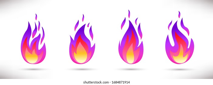 Ilustración vectorial.Conjunto de iconos mágicos y coloridos de llama de fuego aislados en un fondo blanco. Concepto energético. Perfecto para página web, aplicación móvil, diseño de juegos, insignia, afiche, impresión, volante. Estilo plano.