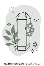 Ilustración vectorial mágica con cristal, luna, estrellas y hojas.  Plantilla mística para tarjetas, carteles, volantes, afiches, pegatinas. Estilo de arte de línea