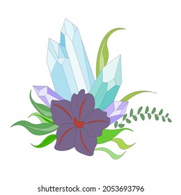Vector illustration with magic crystals with blue flower. doodle style, sketch. Illustrations for postcards, invitations, covers, logos.