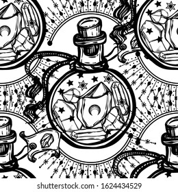 Vector illustration, magic crystals in bottle, spirituality and occultism, print, Handmade, light  background, seamless pattern