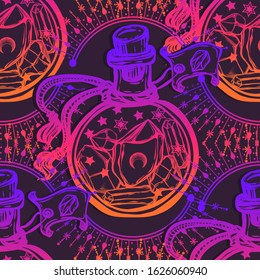 Vector illustration, magic crystals in bottle, spirituality and occultism, print, Handmade, dark background, seamless pattern
