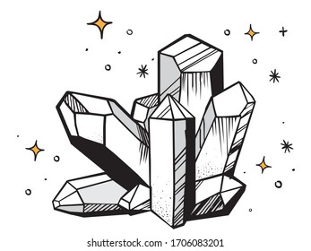 Vector illustration, magic crystals, mysticism, background white. Astrology and astronomy concept. Simple crystal black contour symbol  vector Illustration