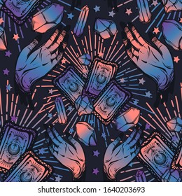 Vector illustration, magic crystals, tarot cards in hand, spirituality and occultism, Handmade, print, dark  background, seamless pattern