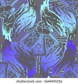 Illustration von Vektorillustrationen, magische Kristalle, handgemachte Tarot-Karten, Spiritualität und Okkultismus, handgefertigt, gedruckt, dunkler Hintergrund, nahtloses Muster