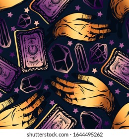 Ilustración vectorial, cristales mágicos, tarjetas tarot en mano, espiritualidad y ocultismo, impresión, fondo oscuro, patrón impecable, hecho a mano