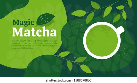 Vector illustration of magic cup of green tea matcha. Japanese drink made from powder. Background of healthy organic beverage and branches of tea plant. Template for banner, menu, layout, flyer, web.