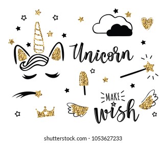 Vector illustration of a magic cute set with unicorn and stars. Can be used for cards, flyers, posters, t-shirts.