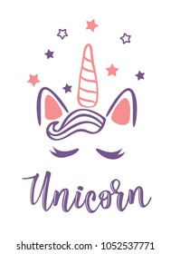 Vector illustration of a magic cute unicorn with stars. Greeting card. Can be used for cards, flyers, posters, t-shirts.