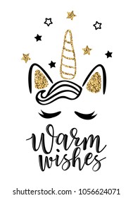 Vector illustration of a magic cute unicorn with stars. Greeting card with "Warm wishes" inscription. Can be used for cards, flyers, posters, t-shirts.