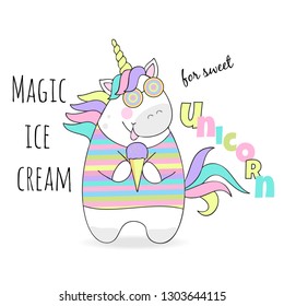 vector illustration of magic cute unicorn with ice cream, children's print on t-shirt