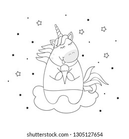 Vector illustration of magic cute unicorn with ice cream, children's print on t-shirt. Vector illustration lines for coloring.Isolated on white background.