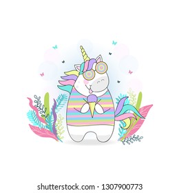 vector illustration of magic cute unicorn with ice cream, children's print on t-shirt